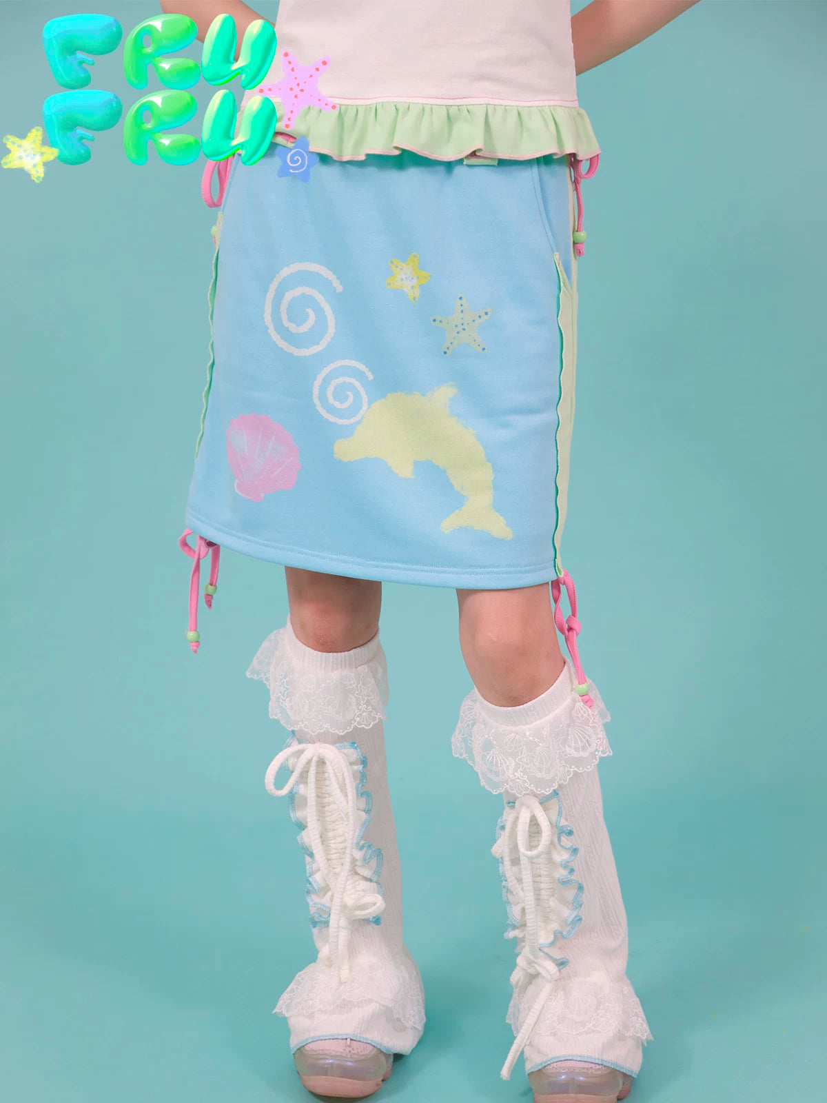 Gollum Store Original Color-Block Cute Illustration Y2K Blue Girl Cute Dolphin Print Mini Skirt