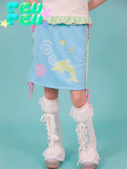 Gollum Store Original Color-Block Cute Illustration Y2K Blue Girl Cute Dolphin Print Mini Skirt