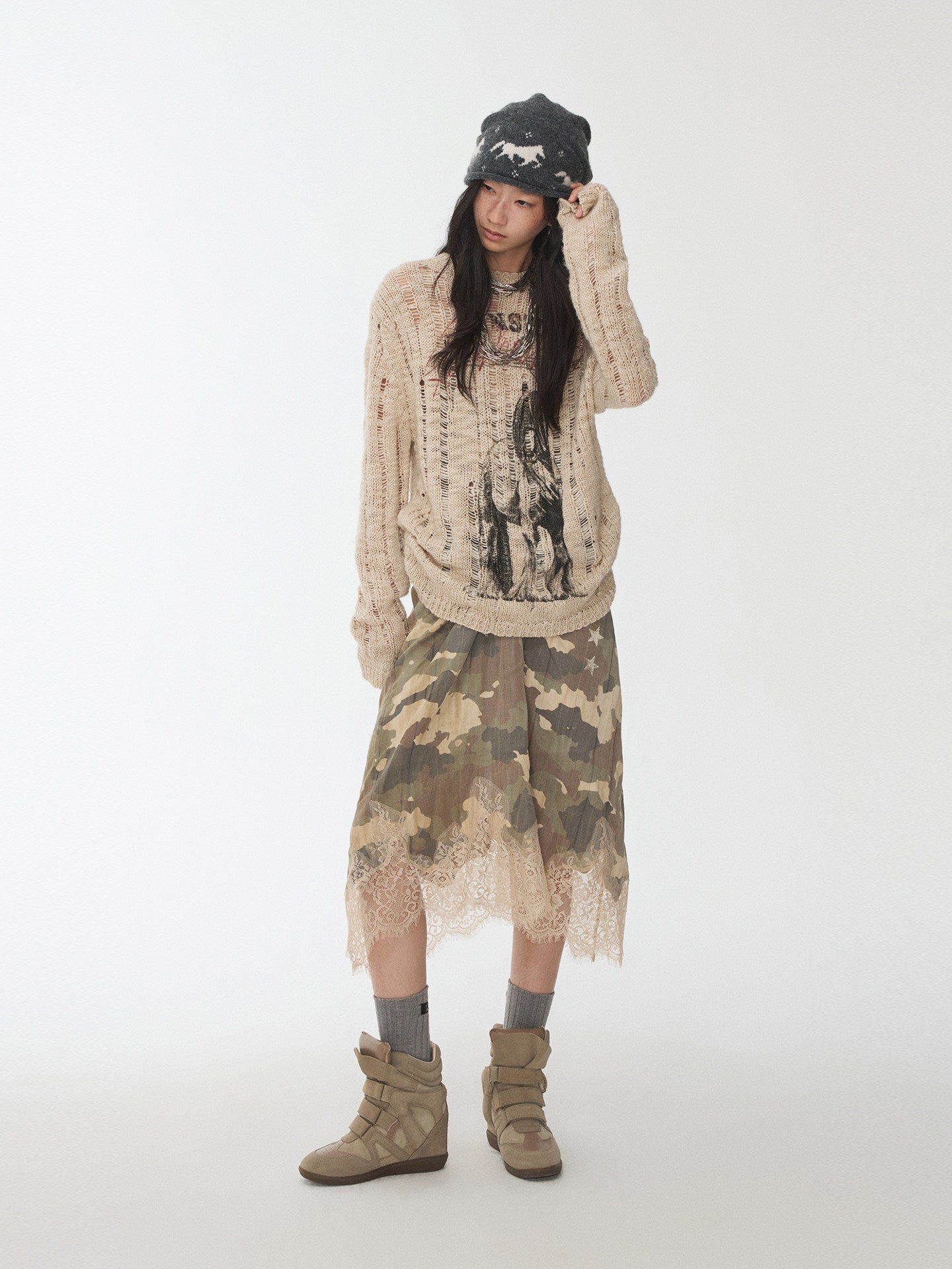 Camouflage Lace Mesh Midi Dress