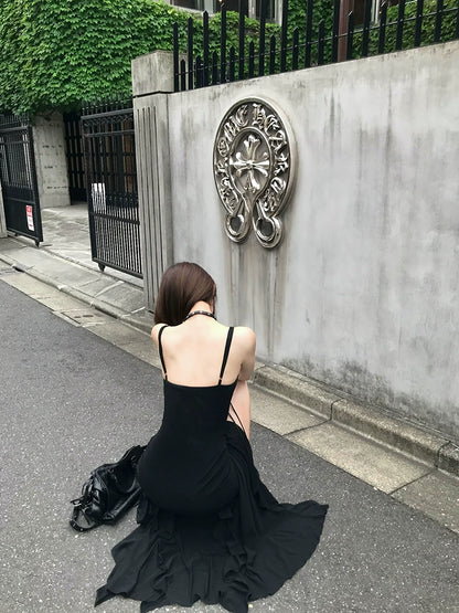 [Mermaid Sister] Black Sexy Hip-Hugging Strap Long Dress