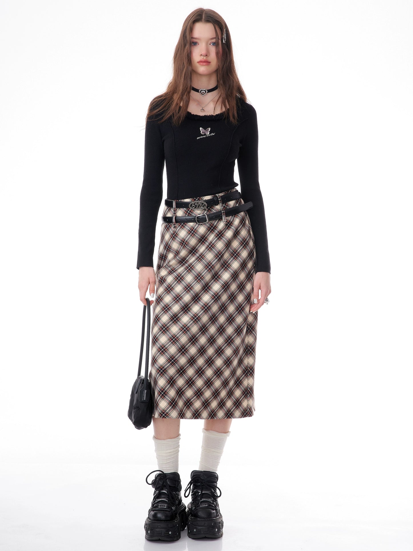 Brown Plaid A-Line Skirt | High Waist Slim Fit Retro Style for Autumn/Winter