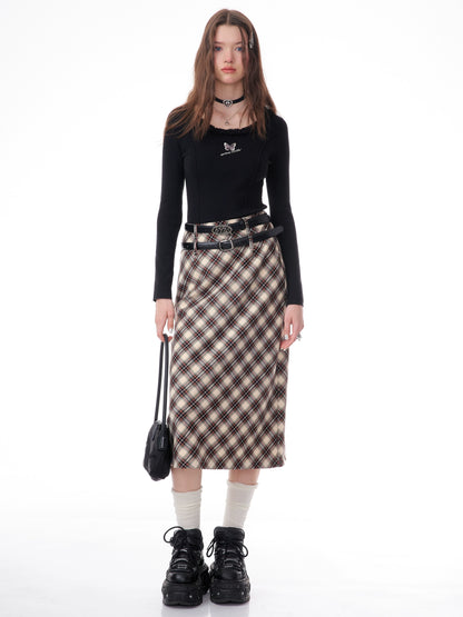 Brown Plaid A-Line Skirt | High Waist Slim Fit Retro Style for Autumn/Winter