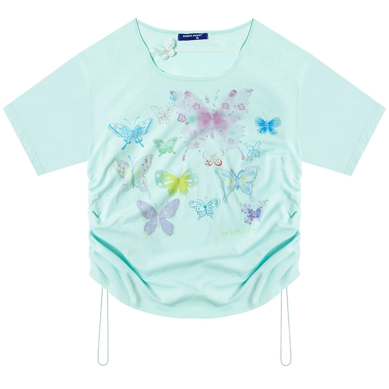 Butterfly Printed Drawstring T-shirt | Loose Fit Retro Short Sleeve for Summer