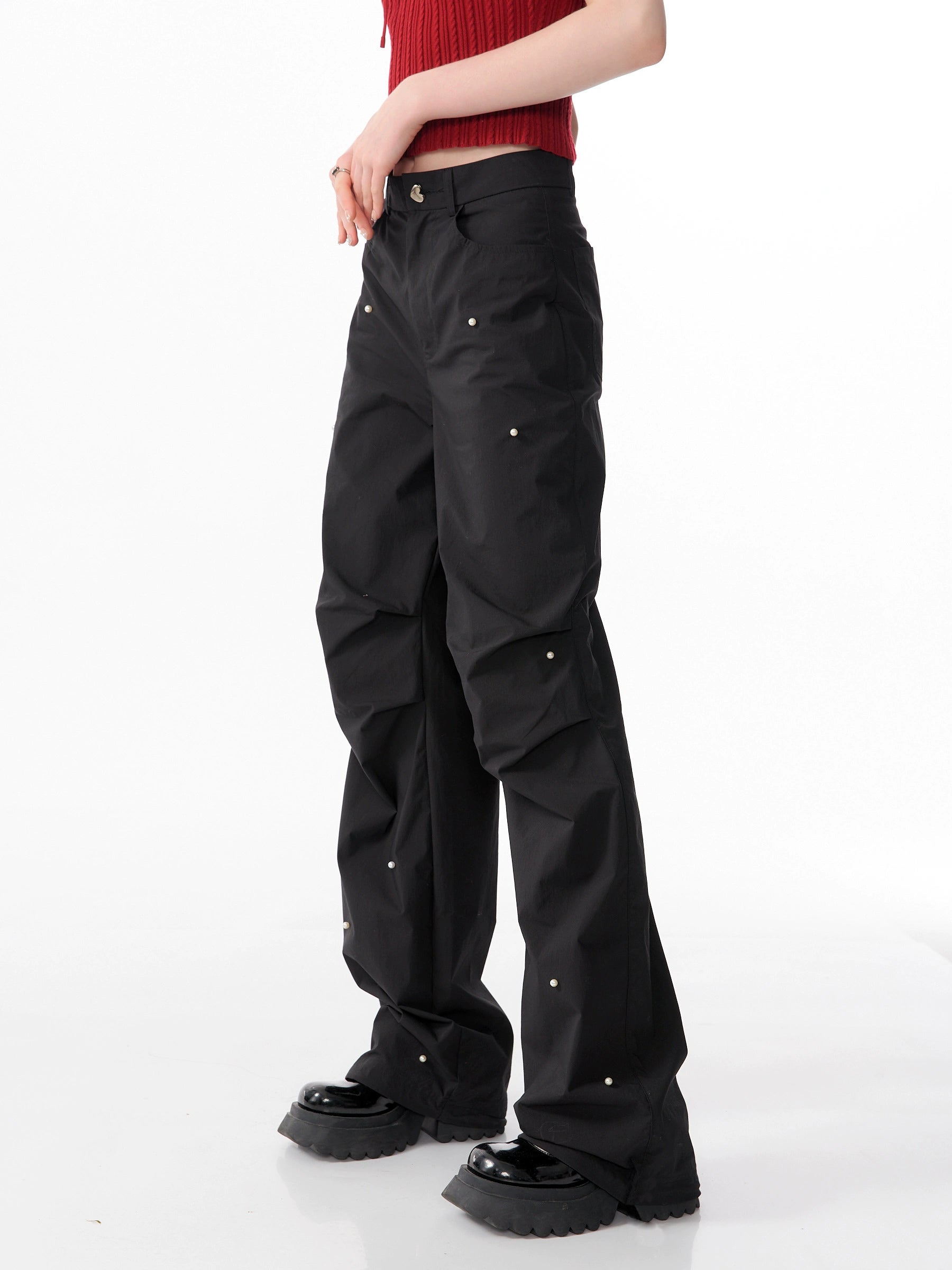 Slim Fit Pearl Wide-Leg Pants | Retro High Waist Black Casual Style