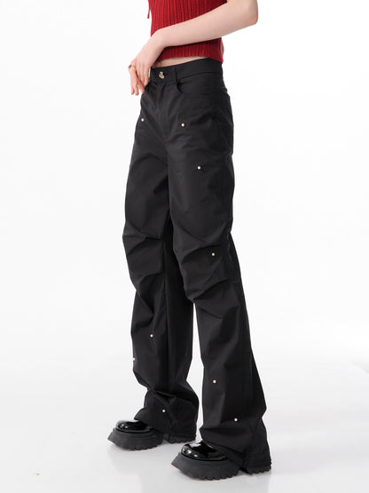 Slim Fit Pearl Wide-Leg Pants | Retro High Waist Black Casual Style