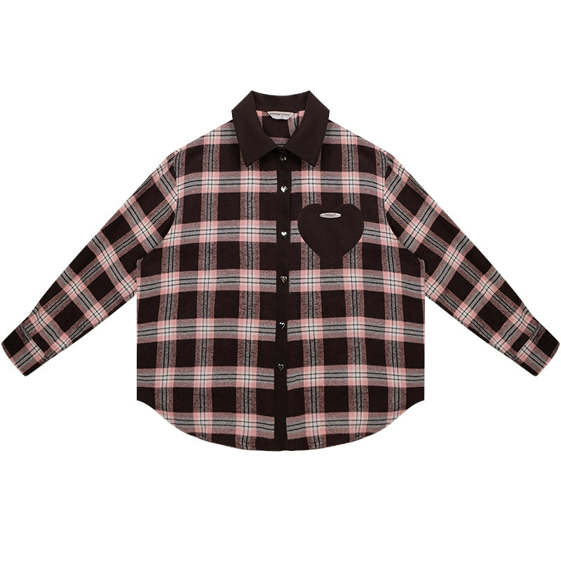 Camisa a Cuadros con Estampado de Amor Estilo Casual Retro de Manga Larga para Otoño/Invierno