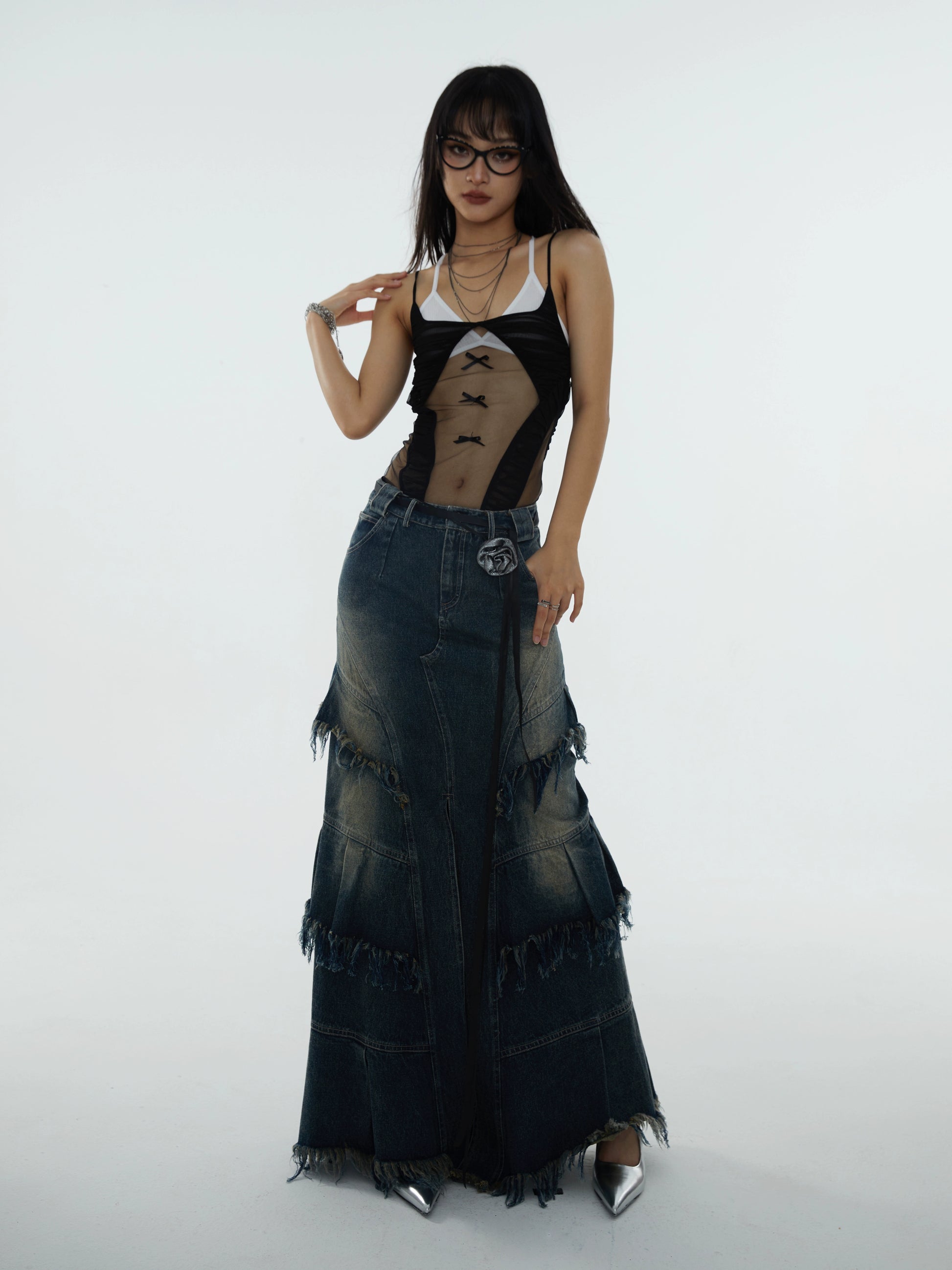 Super Long A-Shaped Distressed Denim Skirt