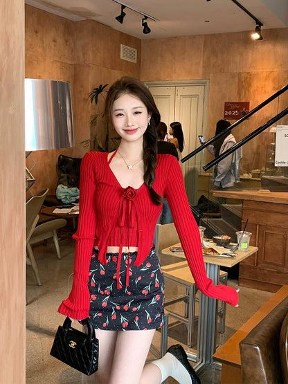 [Tea Clothes] Red Knitted Sunscreen Cardigan & Strap Top Two-Piece Set - Summer Style