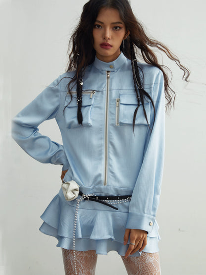 College Style Blue Satin Shirt Skirt