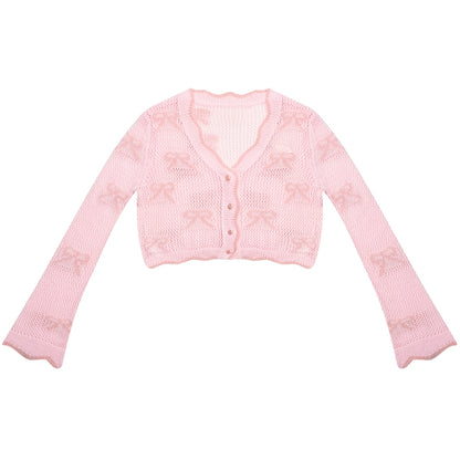 Cardigan à manches courtes Mint Bow | Tricot de protection solaire creux léger pour l’été