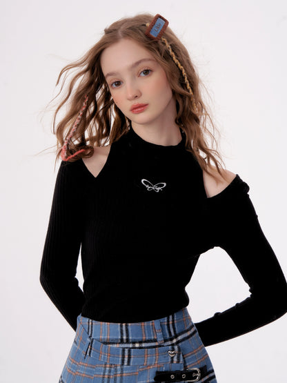 Butterfly Embroidered Hollow Shoulder Top | Slim Fit Long Sleeve Retro Design for Autumn/Winter