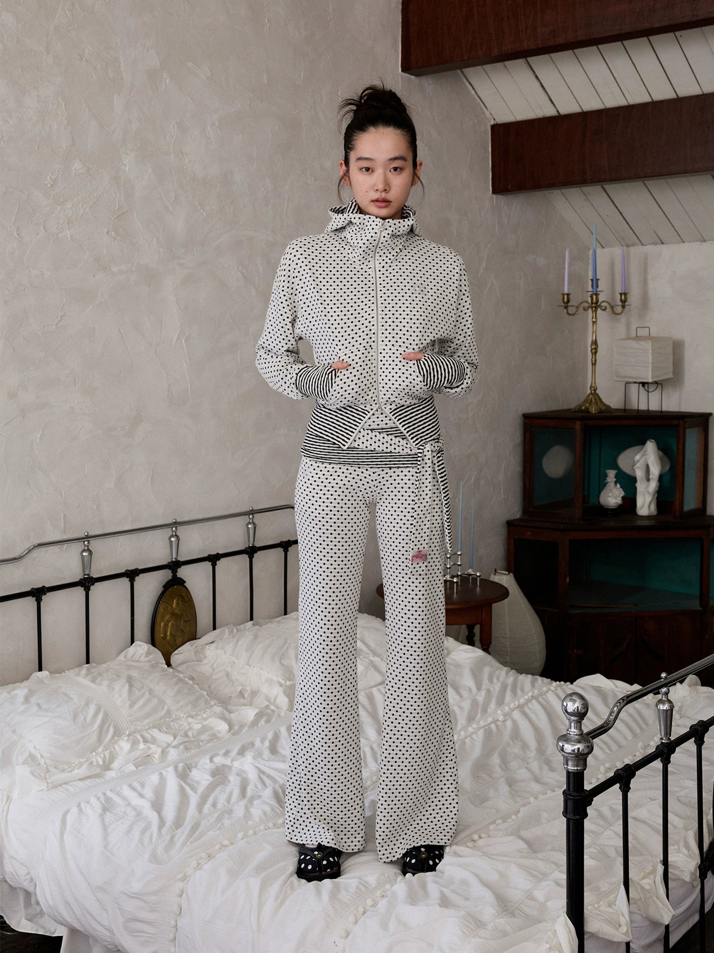 Polka Dot Devil Horn Cropped Hoodie – Slim Fit Streetwear Jacket