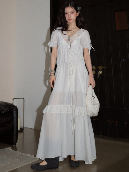 Deep V Striped Tie-Waist Dress | Minimal Romantic White Dress