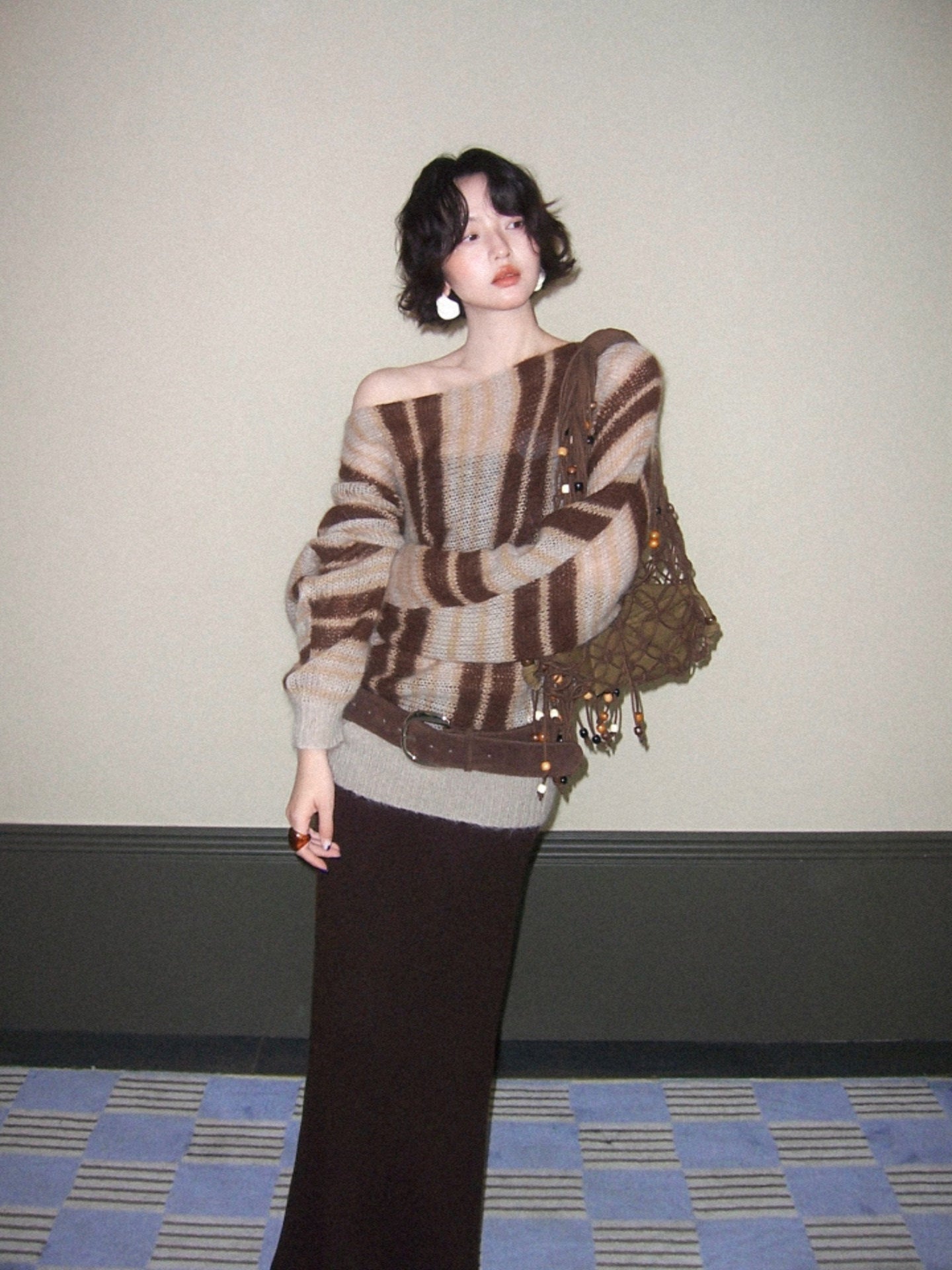 Relaxed Striped Wool-Blend Knit Top – Hong Kong Retro Autumn Drop-Shoulder Style