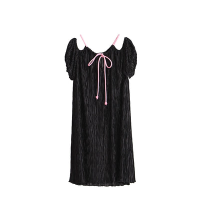 Original Design Pink Cool Black Lace up Bow Tie Silky Pressed Pleated Off Shoulder Short Sleeve Dress