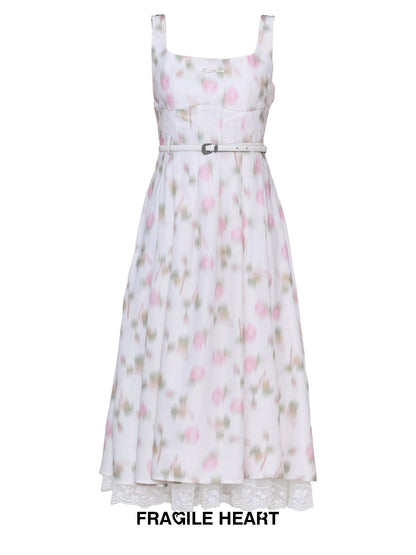 White Peach Rose Floral Lace Strap Dress