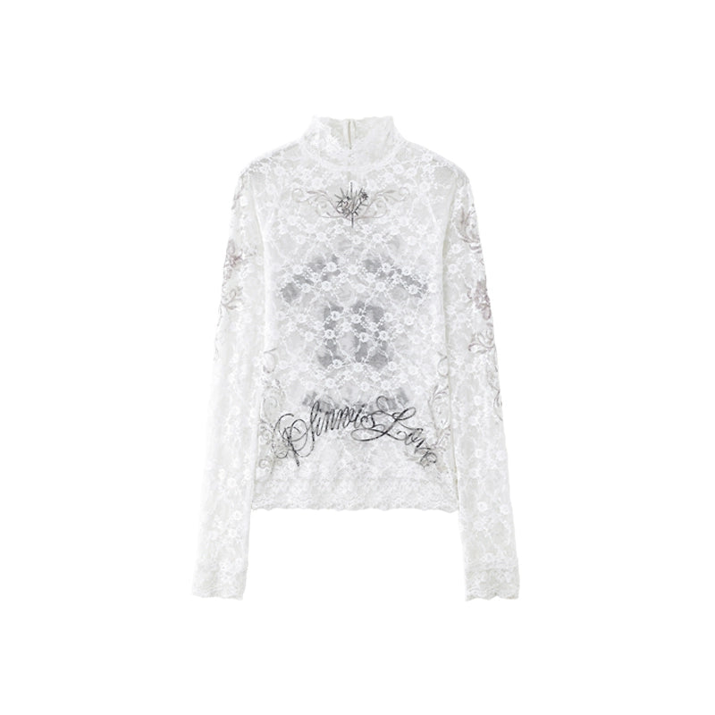 Small Stand-Neck Printed Lace Long Sleeve T-Shirt – Slim Fit Sheer Base Layer