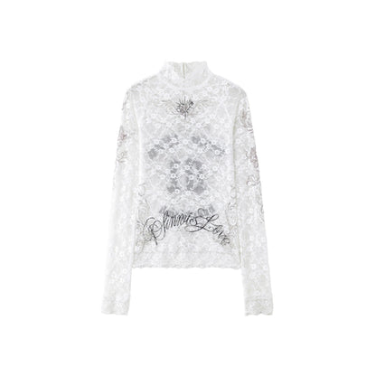 Small Stand-Neck Printed Lace Long Sleeve T-Shirt – Slim Fit Sheer Base Layer