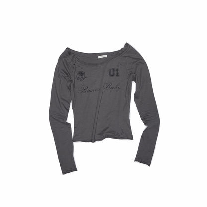 One-Shoulder Badge Graphic Long Sleeve Top