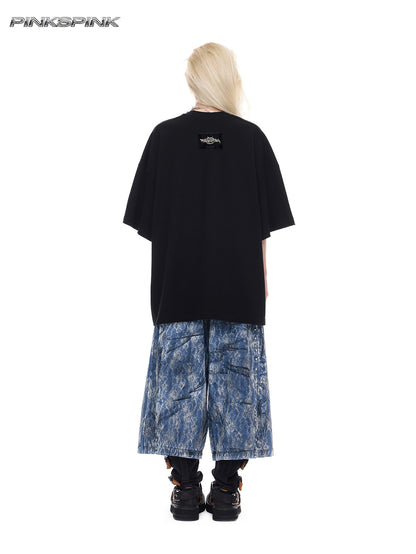 Studded Lace-Coated Distressed Y2K Unisex Denim Shorts