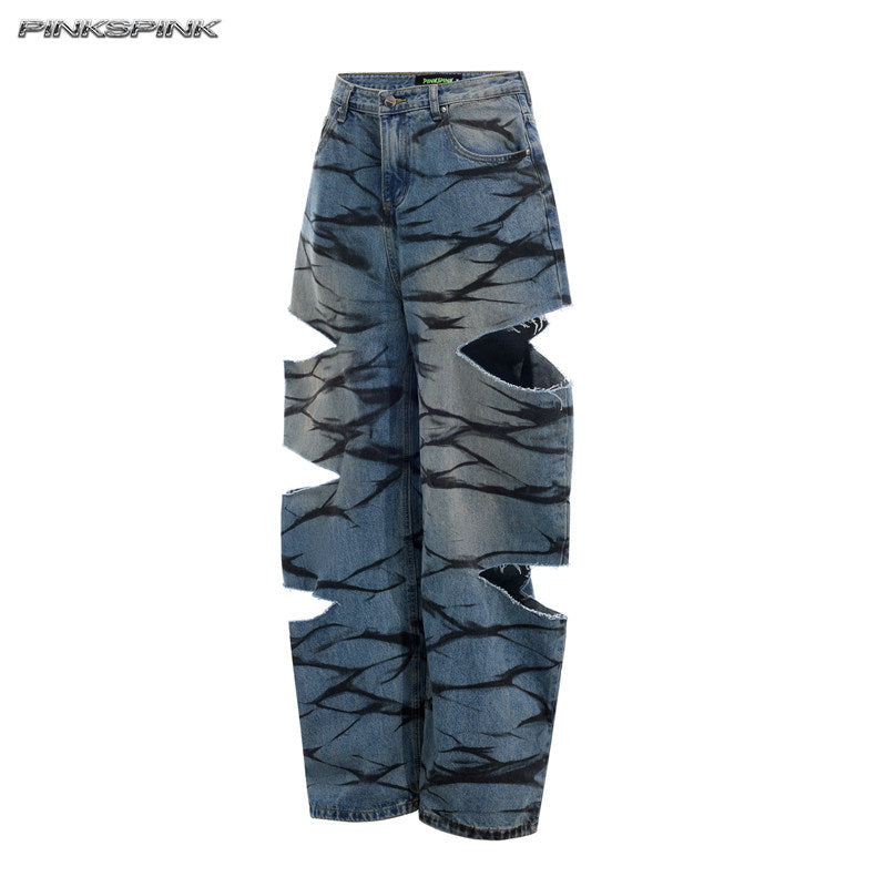 Layered Distressed Graffiti Low-Rise Unisex Y3K Jeans