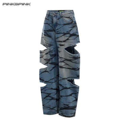 Layered Distressed Graffiti Low-Rise Unisex Y3K Jeans
