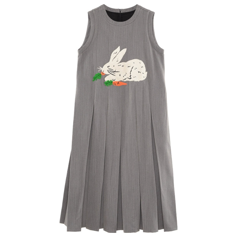 Rabbit Year Embroidery Mid-Length Pleated Dress