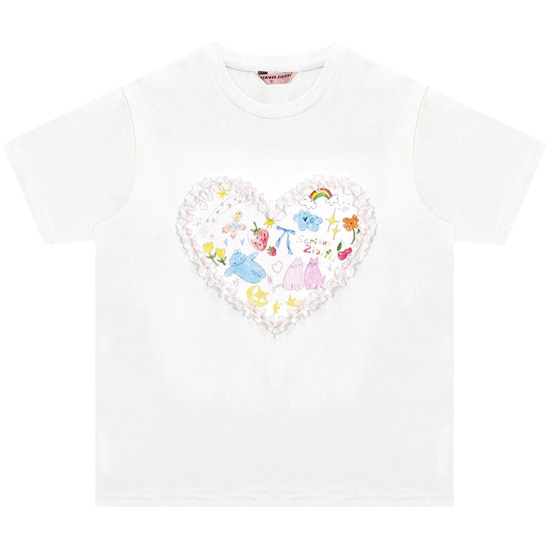 Love Graffiti Printed T-shirt | Loose Round Neck Retro Design for Summer