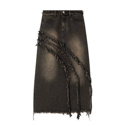 Black Yellow Asymmetric - Tassel Denim Skirt