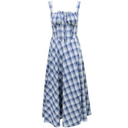 Square Neck Blue Plaid Split Dress - Retro Style