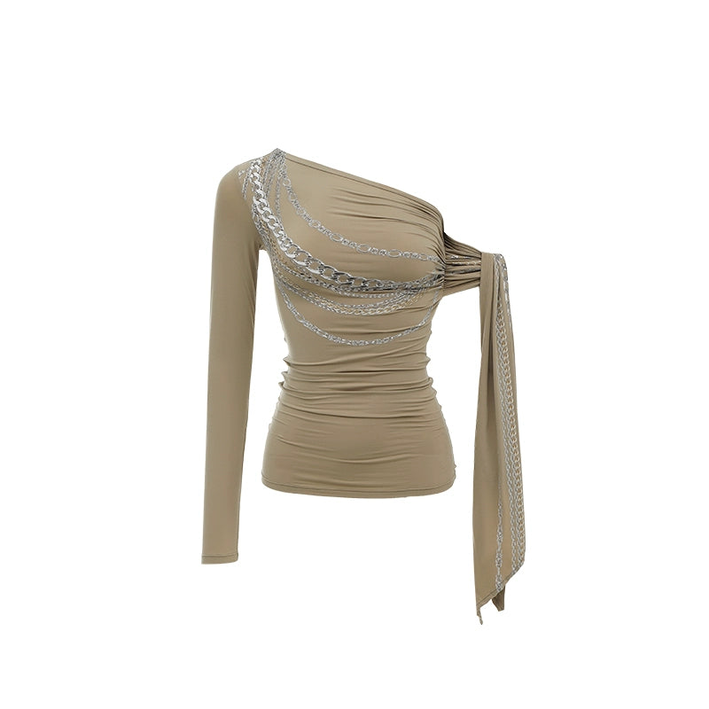 Chain Print Off-Shoulder Streamer Vest – French Style Slim Fit Tee