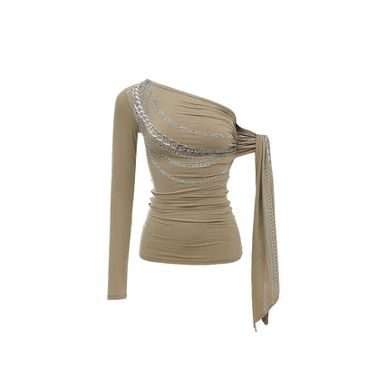 Chain Print Off-Shoulder Streamer Vest – French Style Slim Fit Tee