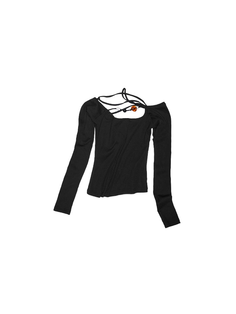 One-Shoulder Beaded Strap T-Shirt – Slim Fit Solid Long Sleeve Top