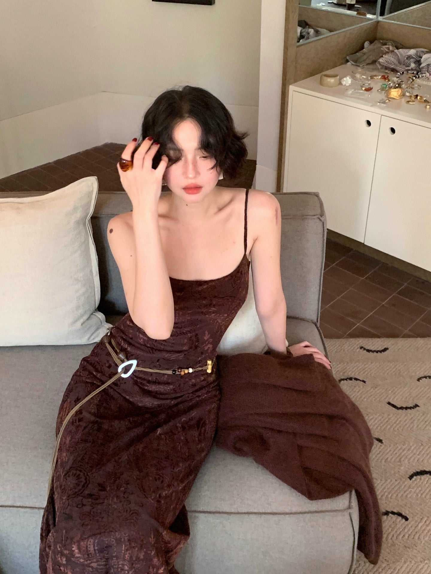 Amber Pine Forest Stretch Velvet Mesh Slip Dress – Hong Kong Retro Autumn