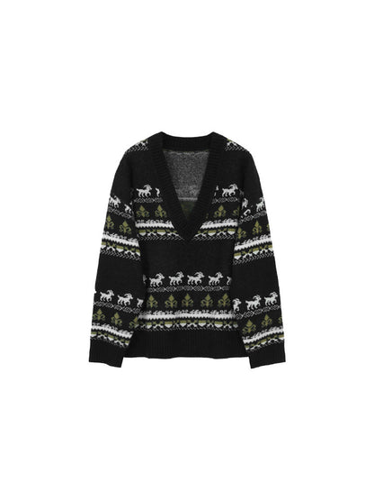 Fair Isle Wool V-Neck Knit Sweater – Hong Kong Retro Autumn/Winter Style