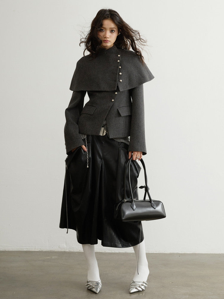 Detachable Cape Wool Short Coat | Elegant Dark Gray Winter Jacket