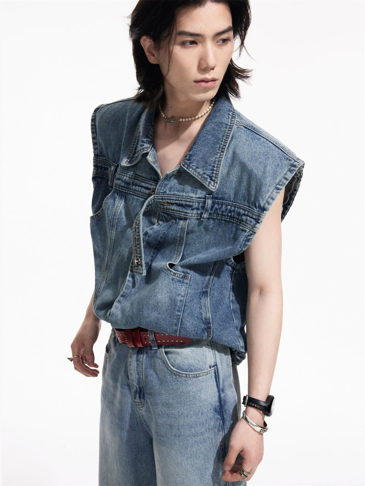 High-end Shoulder Pad - Sleeveless Denim Jacket