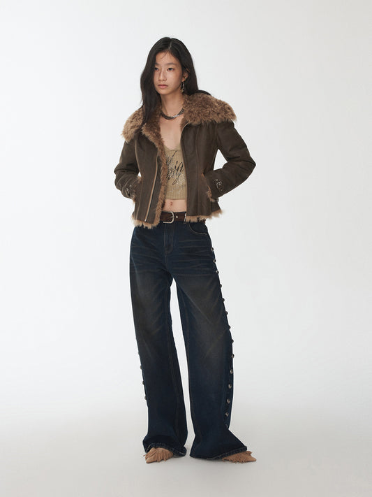 Fur-Lined Vintage Washed Jacket