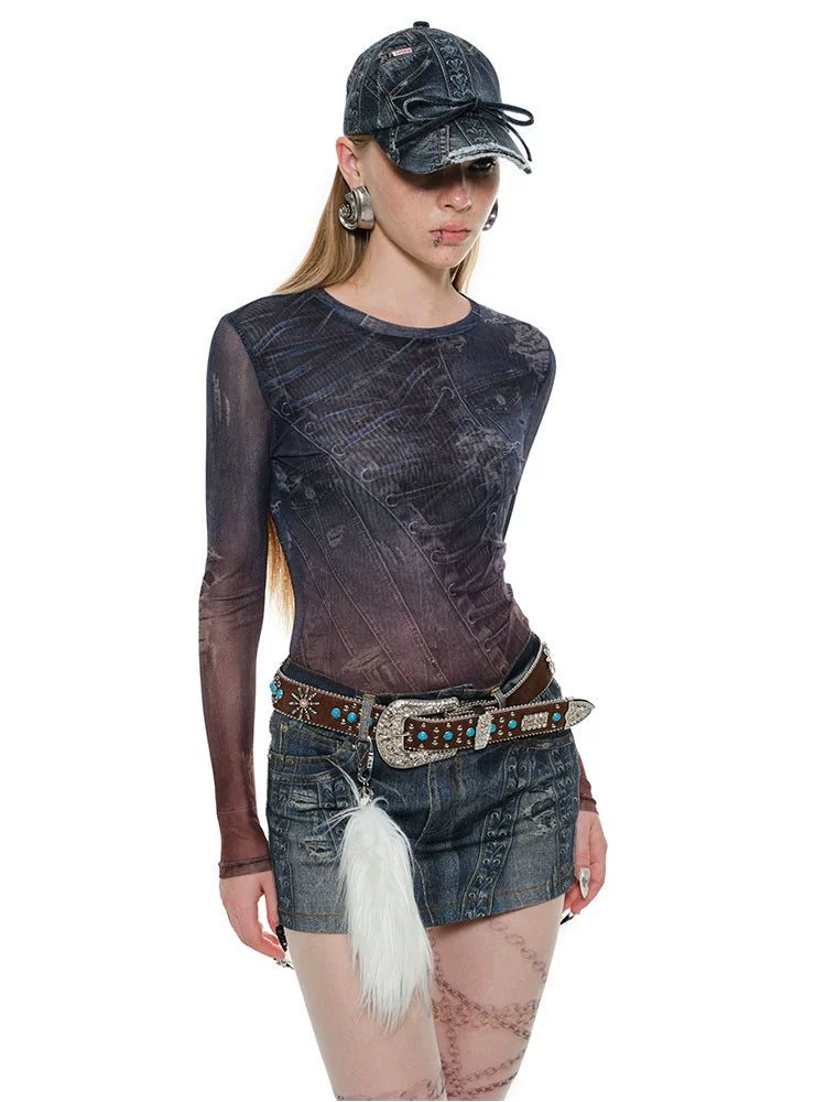 Washed Denim Hip Skirt – Slightly Stretchy Vintage Design