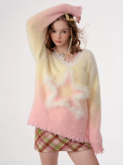 Autumn/Winter Essential | Gradient Star Pattern Mohair V-Neck Sweater