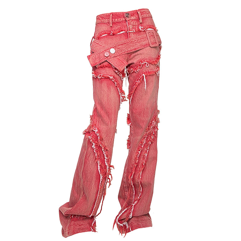 red patchwork raw edge jeans