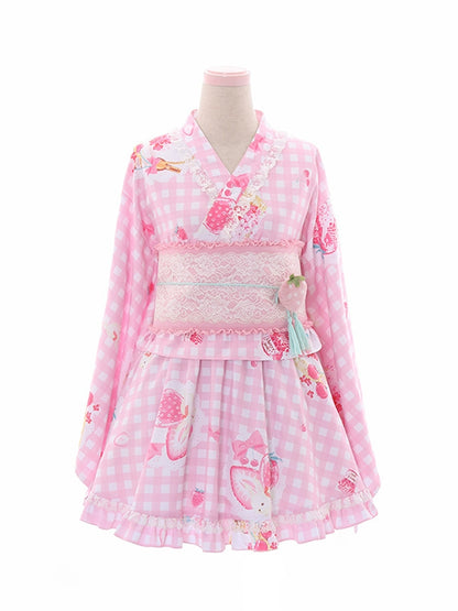 Kumano Studio Strawberry Plaid Yukata Set (3-Piece)