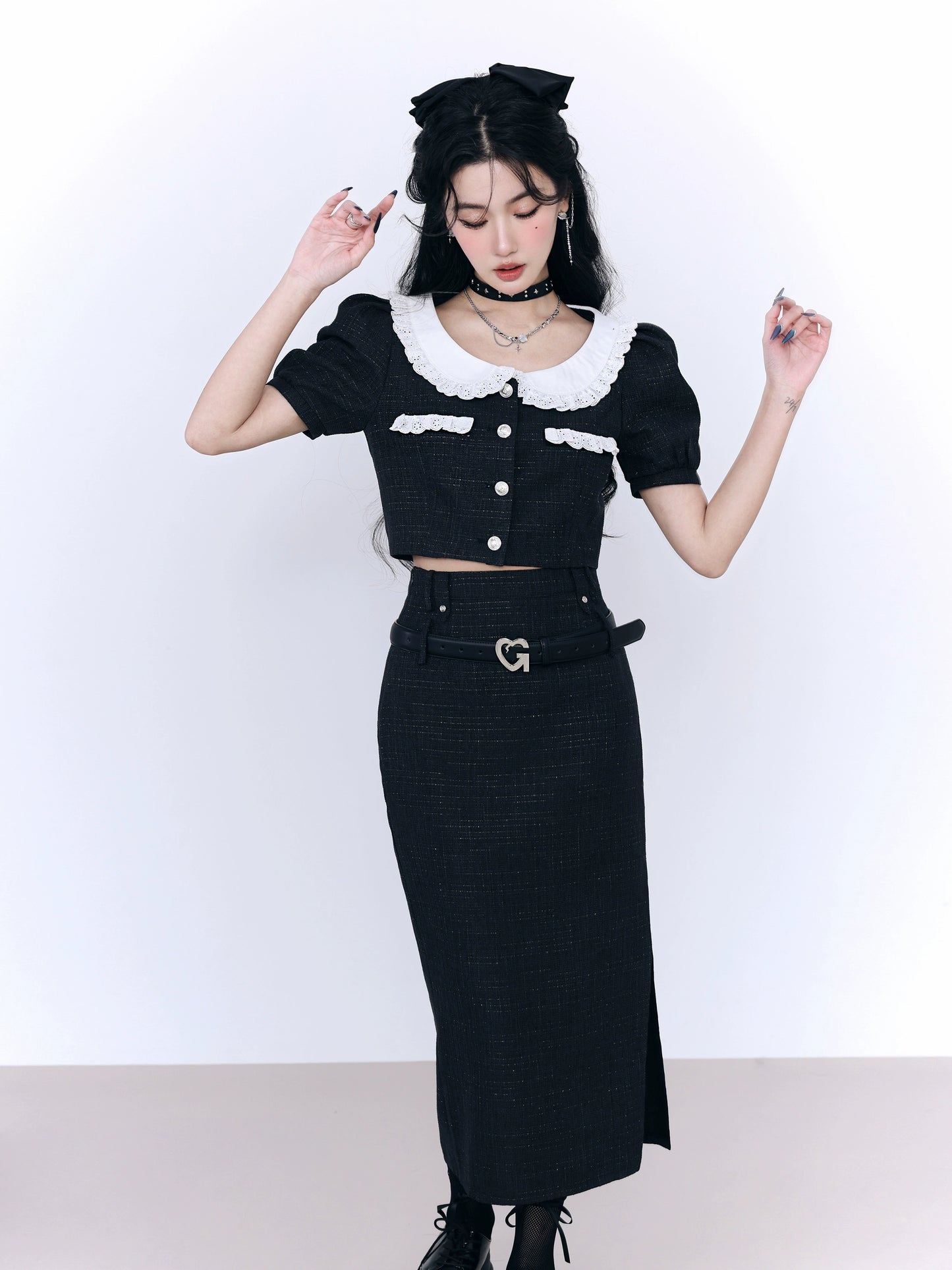 Black Doll Neck Thousand Gold Two-Piece Skirt