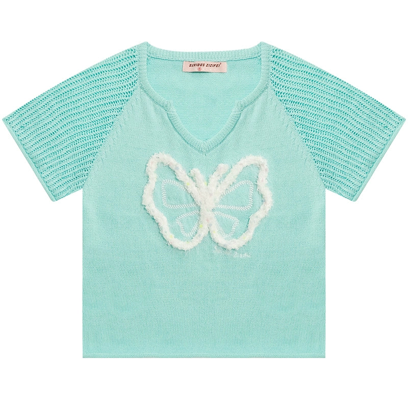 Butterfly V-neck Raglan Sleeve T-shirt | Hollow Knit Retro Design for Summer