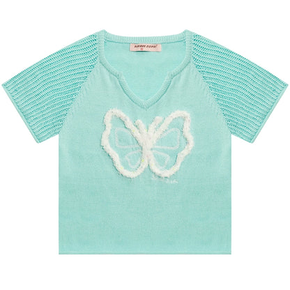 Butterfly V-neck Raglan Sleeve T-shirt | Hollow Knit Retro Design for Summer