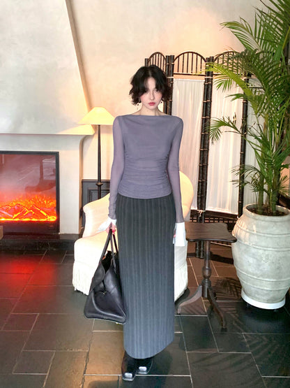 Grey Rhyme Off-Neck Sheer Long-Sleeve Top – Elegant Hong Kong Retro Autumn Wear