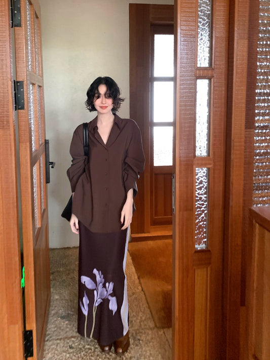 Wild Caramel Mid-Length Shirt – Retro Autumn/Winter Casual Collection