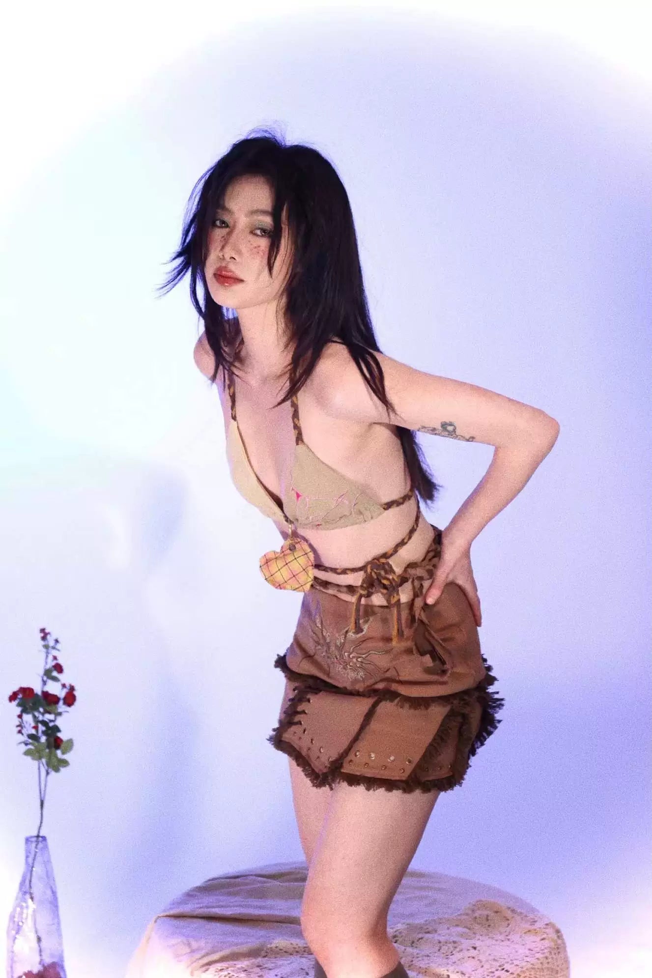 Original Design Embroidered Pattern Spice Girl Contrasting Color Heart Shaped Charm Lace Up Bra Sling