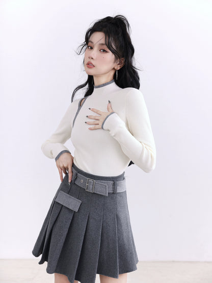 Patchwork Asymmetrical Pleated Gray Woolen Skirt