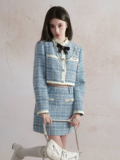 Blue Small Fragrant Suit Skirt with Satin Tweed